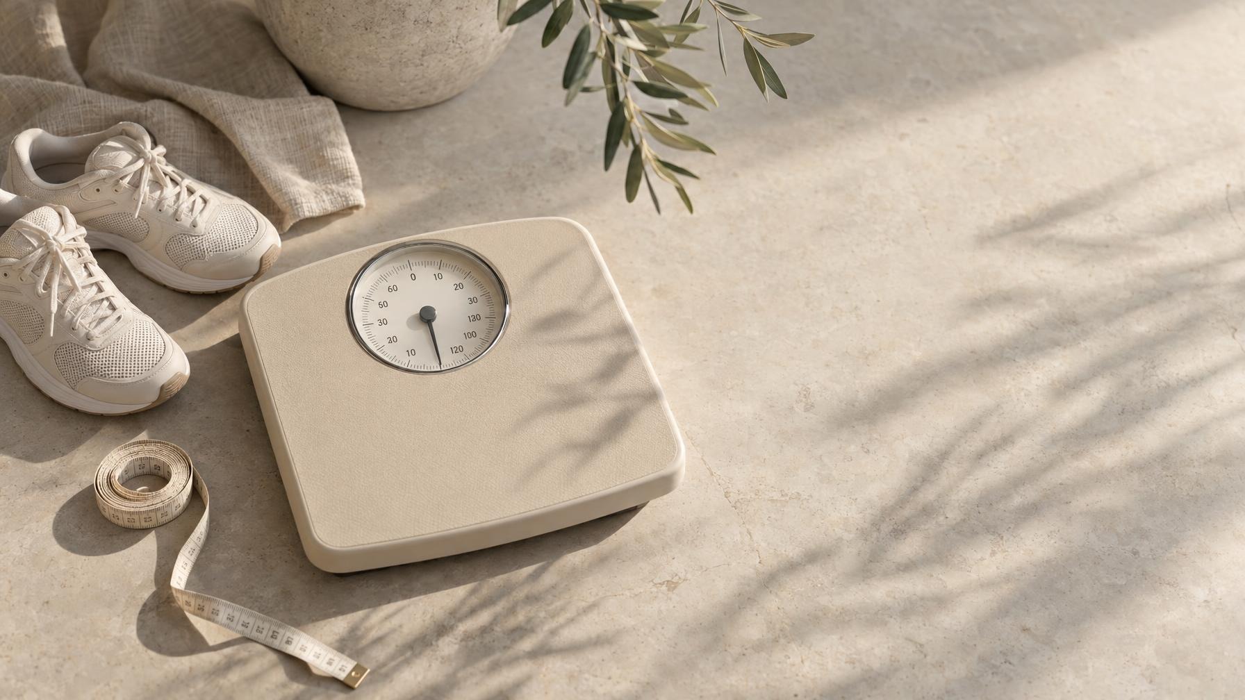 Beige personenweegschaal met een meetlint en lichte sportschoenen op een stenen vloer in warm daglicht