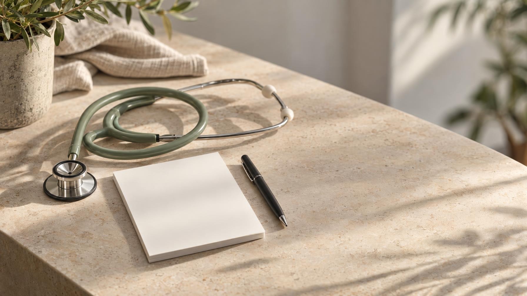 Stethoscoop, blanco receptblok en balpen op een lichte stenen tafel in warm daglicht