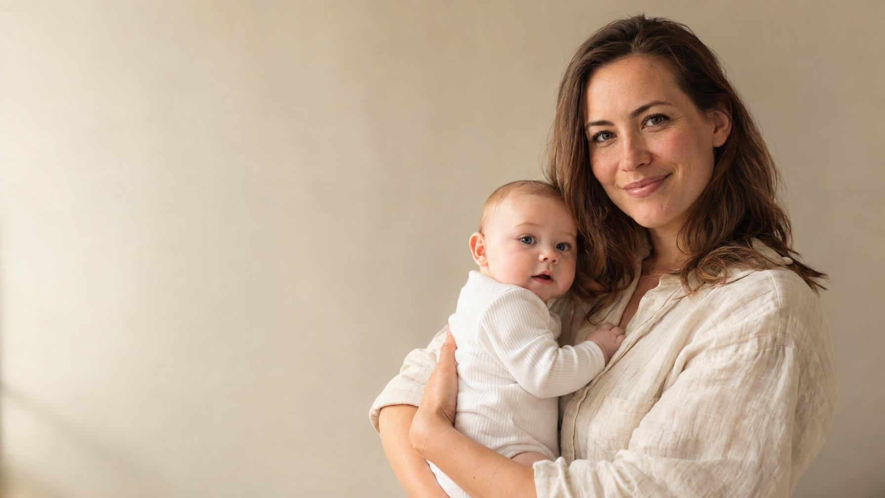 Jonge moeder in linnen blouse met een baby op haar arm tegen een rustige beige achtergrond