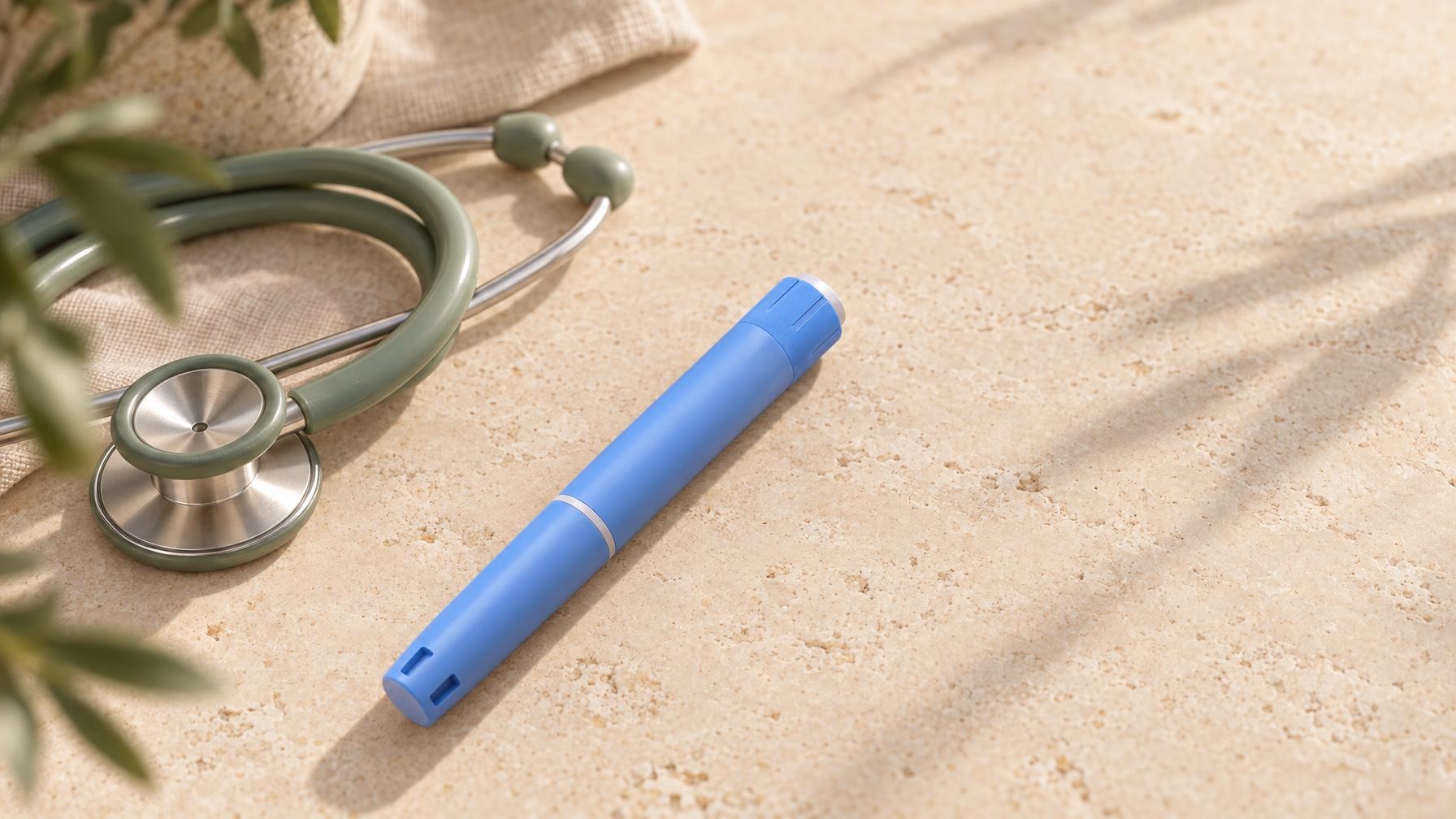 Blauwe injectiepen naast een stethoscoop op een lichte stenen tafel in warm daglicht
