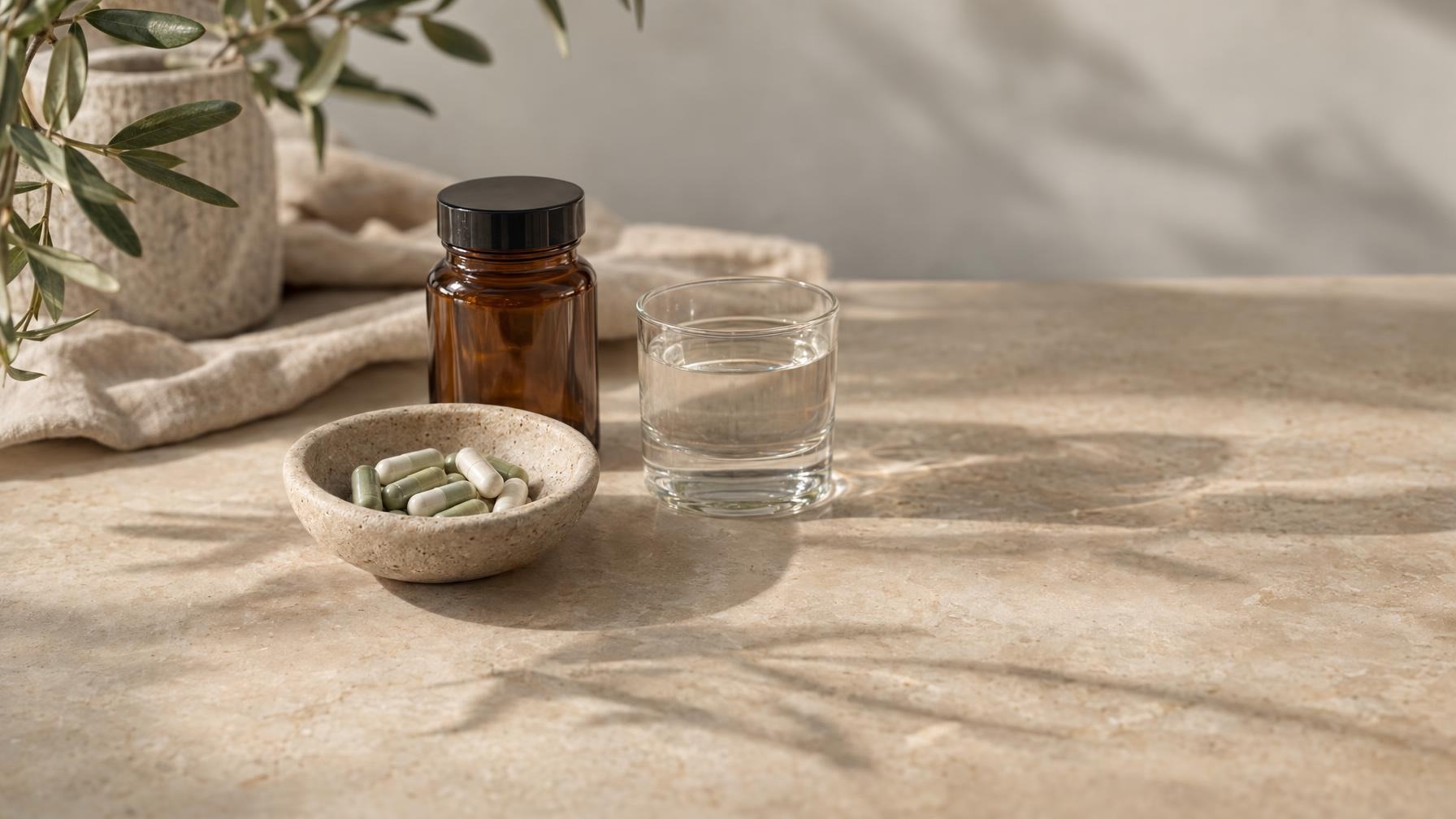 Schaaltje met capsules, een glas water en een glazen potje zonder etiket op een lichte stenen tafel