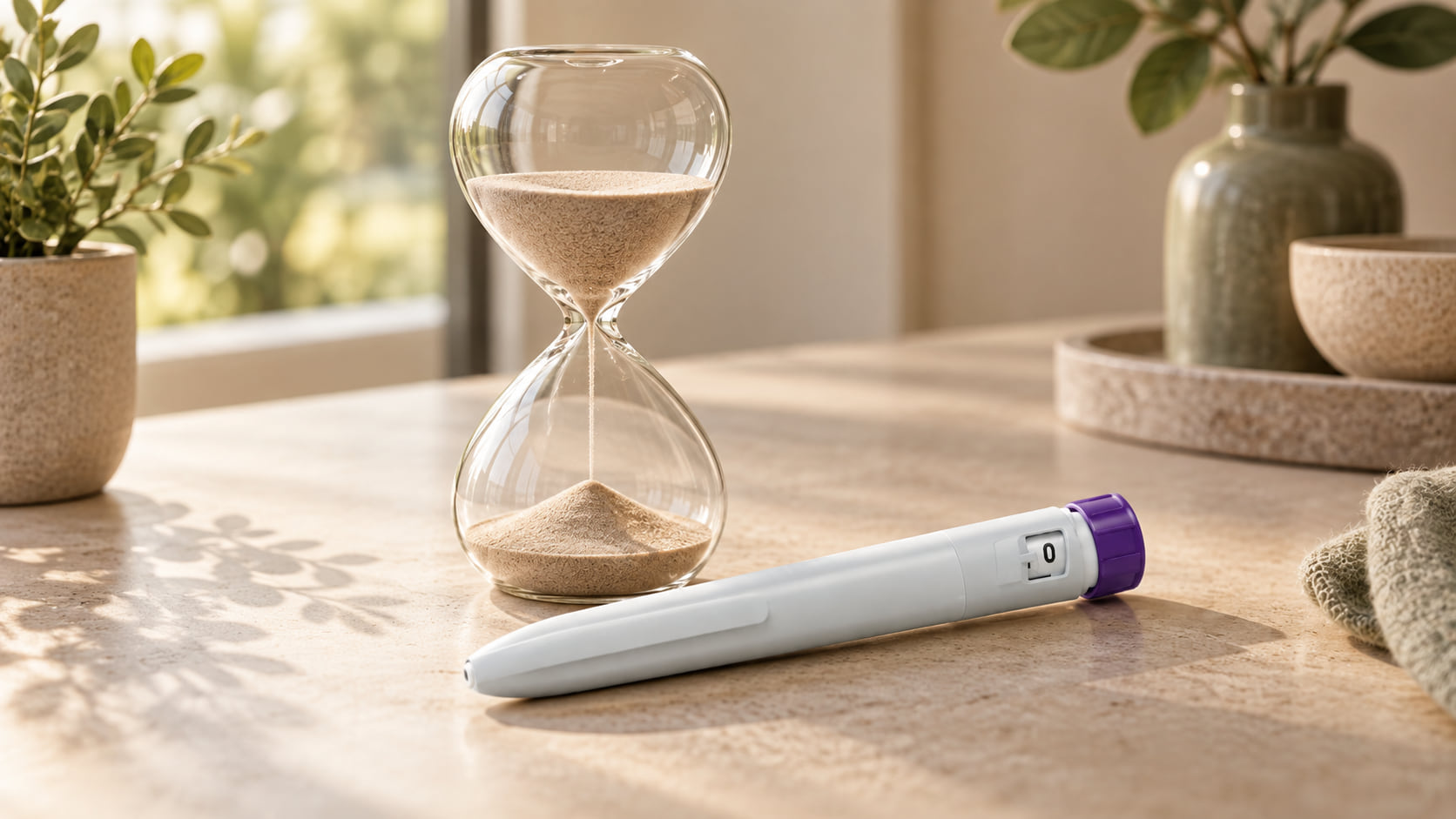 Zandloper naast een witte injectiepen met paarse dop op een lichte tafel bij het raam