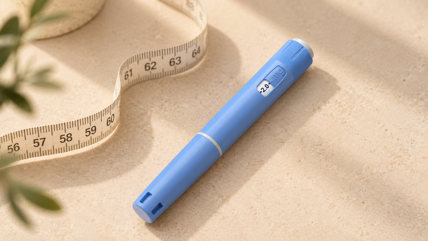 Blauwe injectiepen naast een meetlint op een lichte ondergrond in warm daglicht