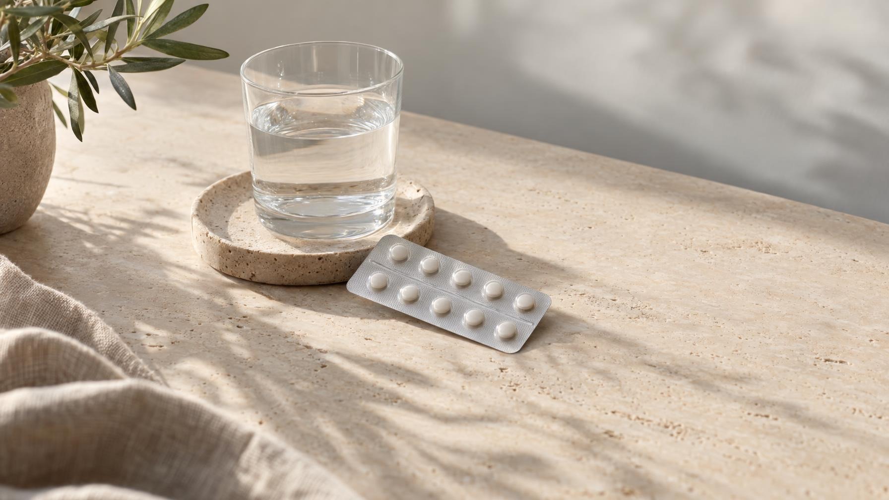 Blisterstrip met witte tabletten naast een glas water op een lichte stenen tafel in warm daglicht