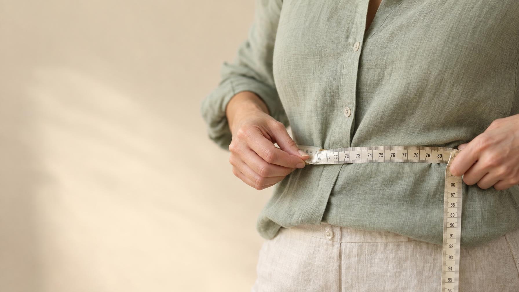 Meetlint rond het middel van een vrouw in linnen blouse tegen een rustige beige achtergrond
