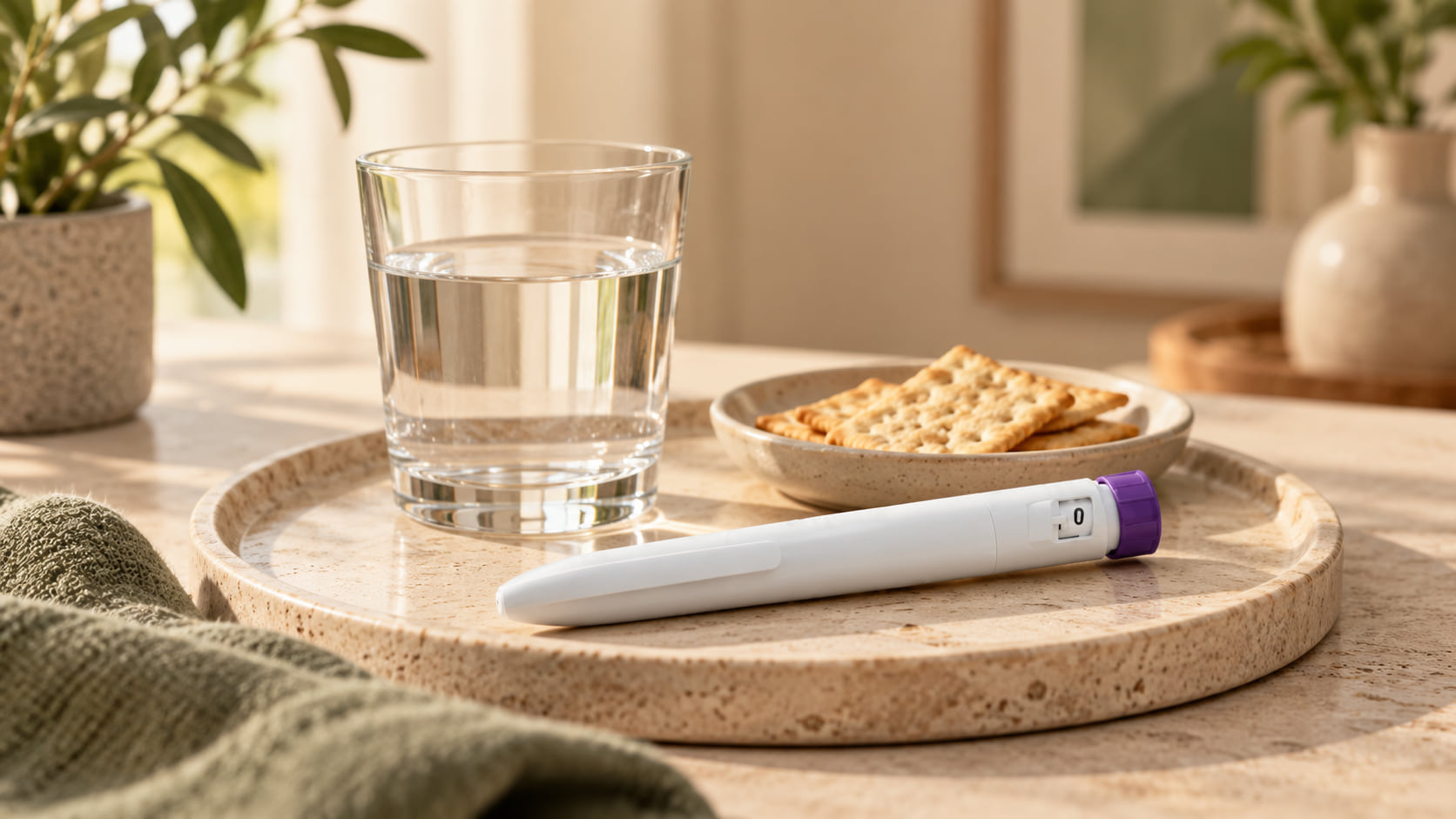 Glas water en een schaaltje crackers op een dienblad naast een witte injectiepen met paarse dop