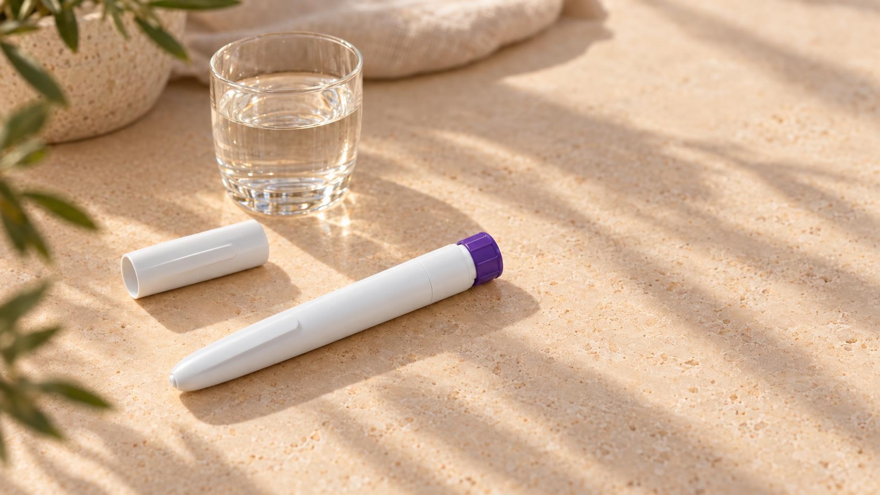 Witte injectiepen met paarse dop, dop los ernaast, naast een glas water op een lichte stenen tafel