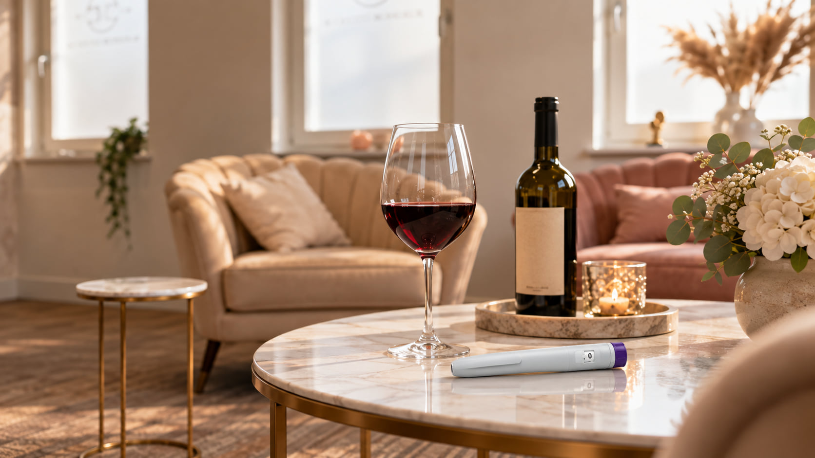 Glas rode wijn en een fles op een marmeren tafel in een woonkamer, met een witte injectiepen met paarse dop ernaast