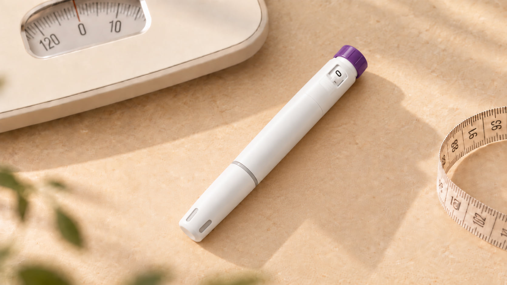 Witte injectiepen met paarse dop tussen een weegschaal en een meetlint op een lichte ondergrond