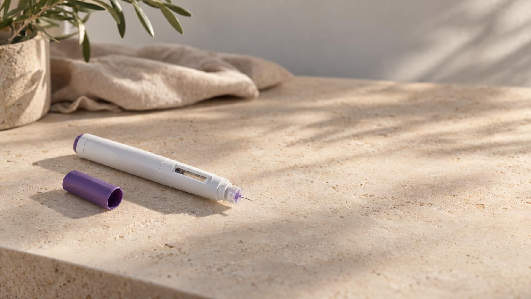 Witte injectiepen met paarse dop, de dop los ernaast en het doseervenster zichtbaar, op een lichte stenen tafel in warm daglicht