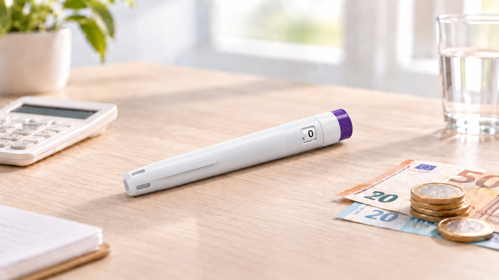 Witte injectiepen met paarse dop op een houten tafel naast een rekenmachine, eurobiljetten en munten