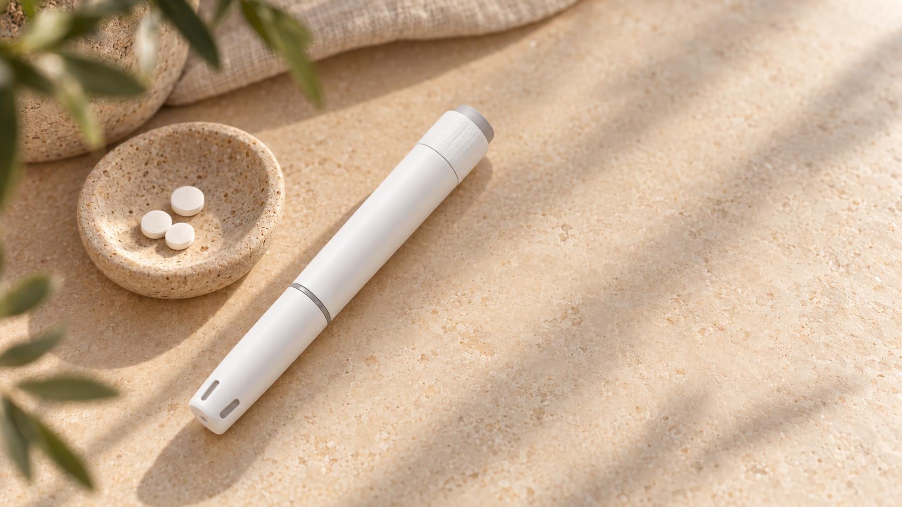 Witte injectiepen met grijze dop naast een stenen schoteltje met drie witte tabletten op een lichte tafel