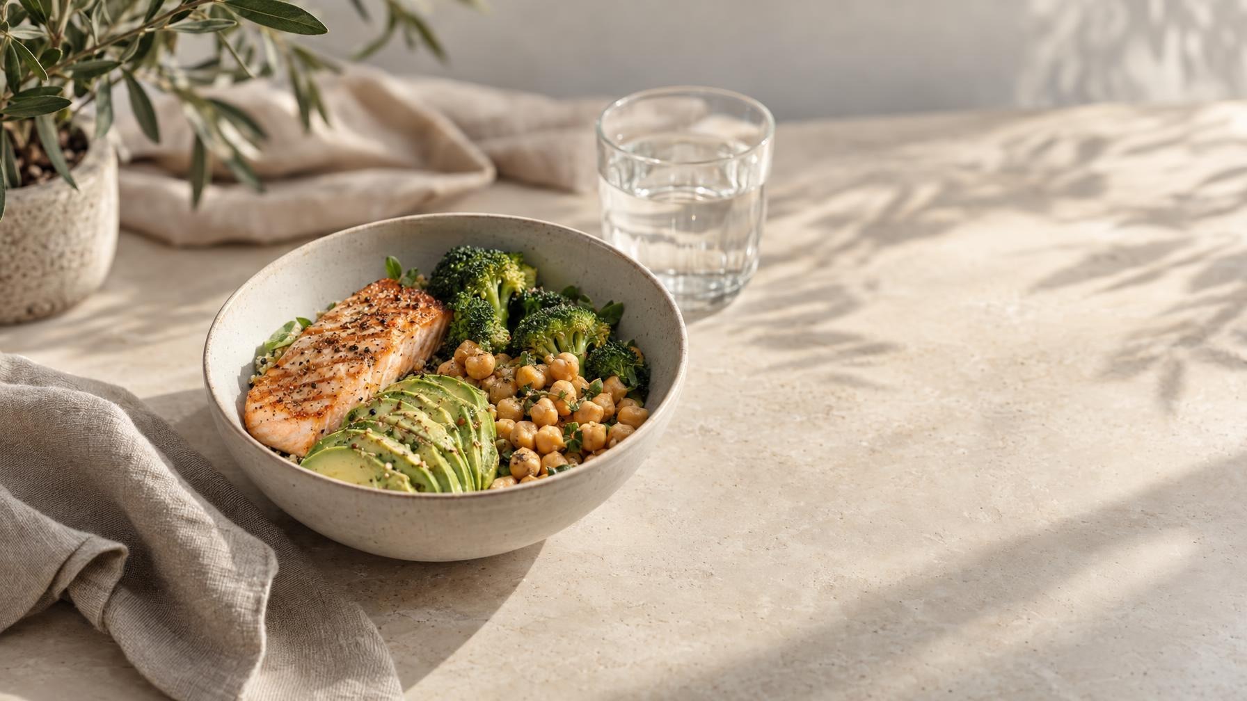 Kom met zalm, avocado, broccoli en kikkererwten naast een glas water op een lichte stenen tafel