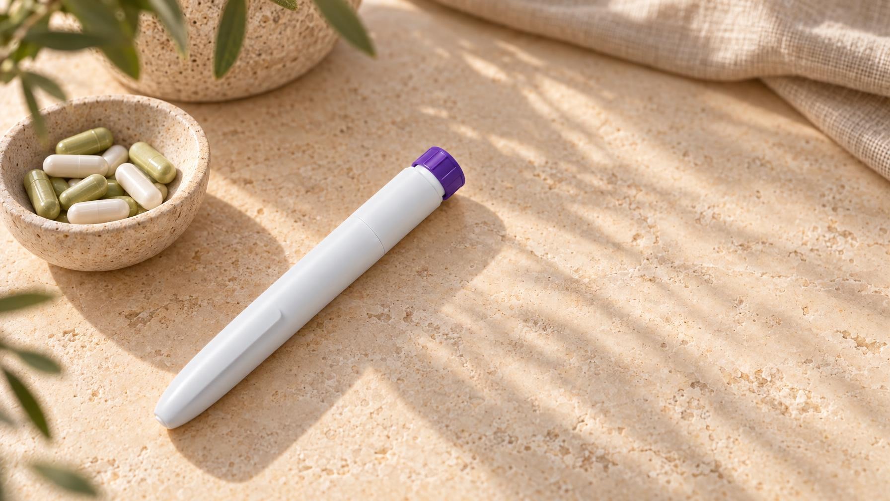 Witte injectiepen met paarse dop naast een schaaltje met capsules op een lichte stenen tafel