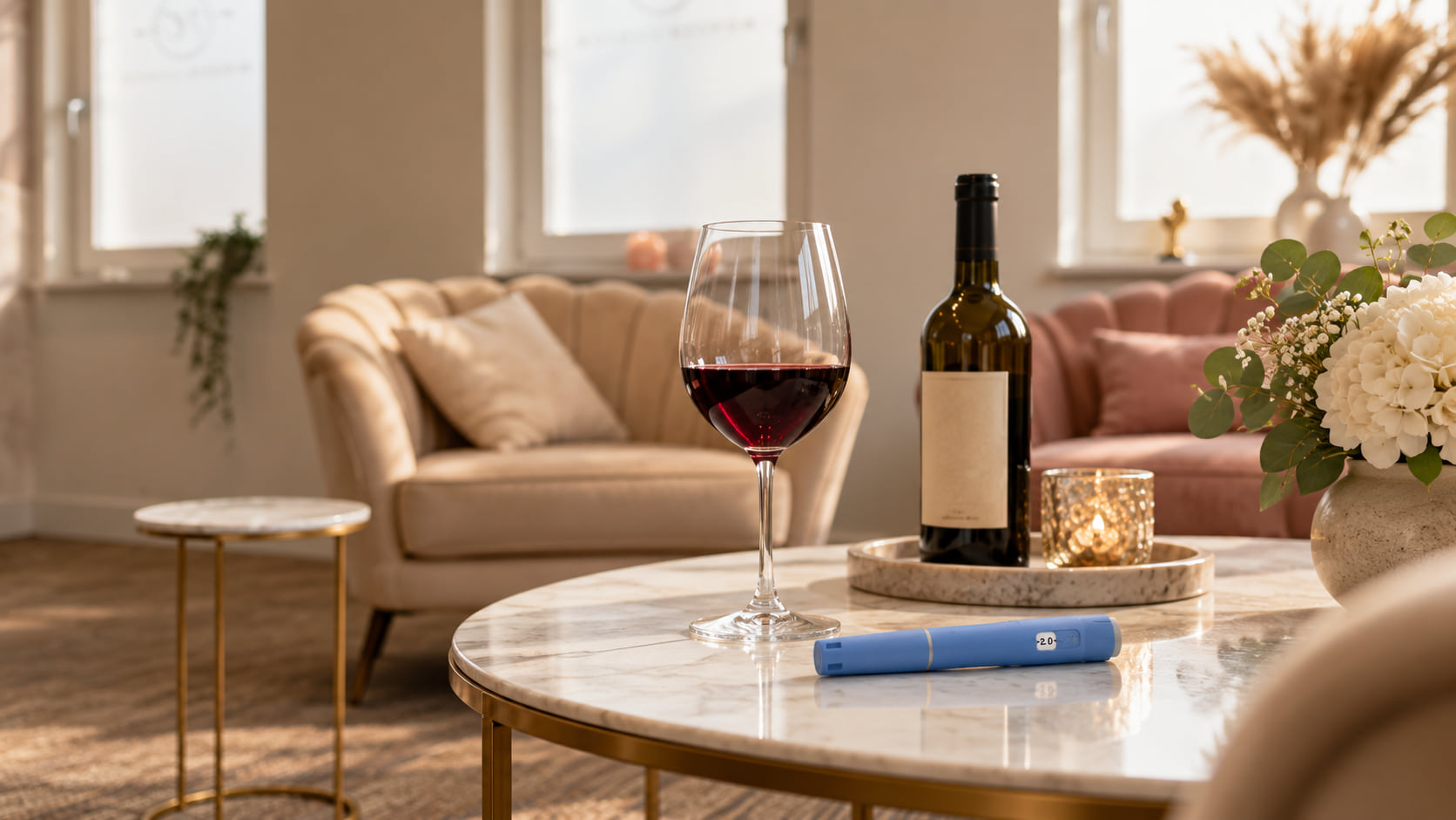 Glas rode wijn en een fles op een marmeren tafel in een woonkamer, met een blauwe injectiepen ernaast