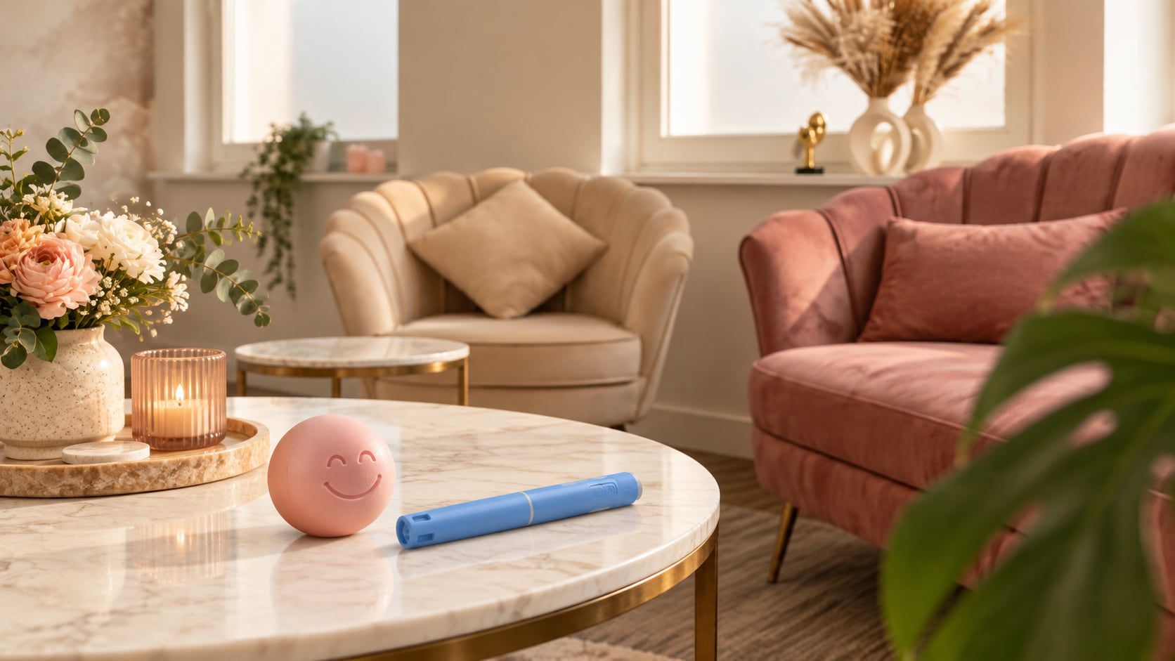 Blauwe injectiepen naast een balletje met een lachend gezicht op een marmeren tafel in een lichte woonkamer