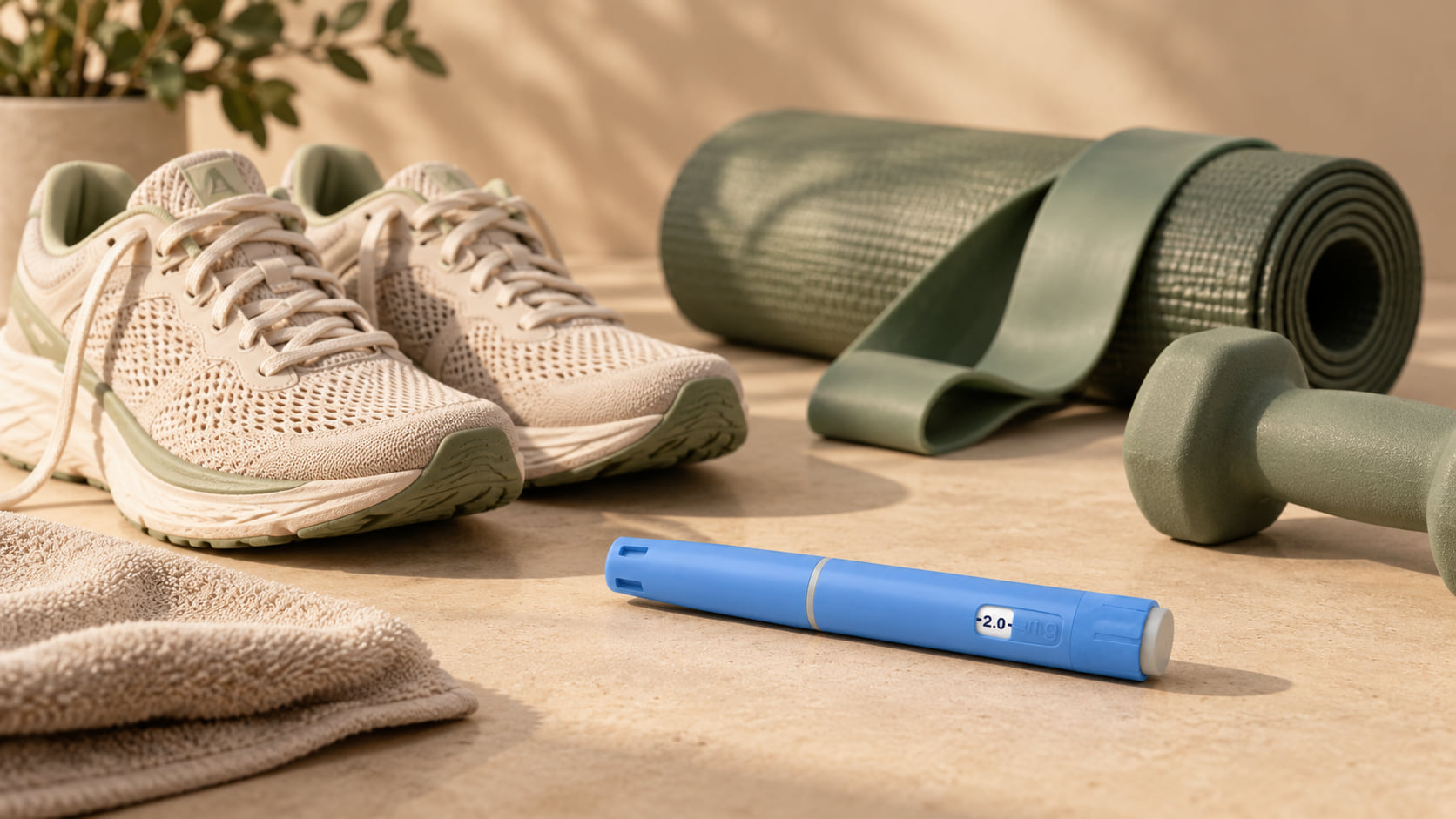 Sportschoenen, een yogamat en halters naast een blauwe injectiepen op een lichte vloer