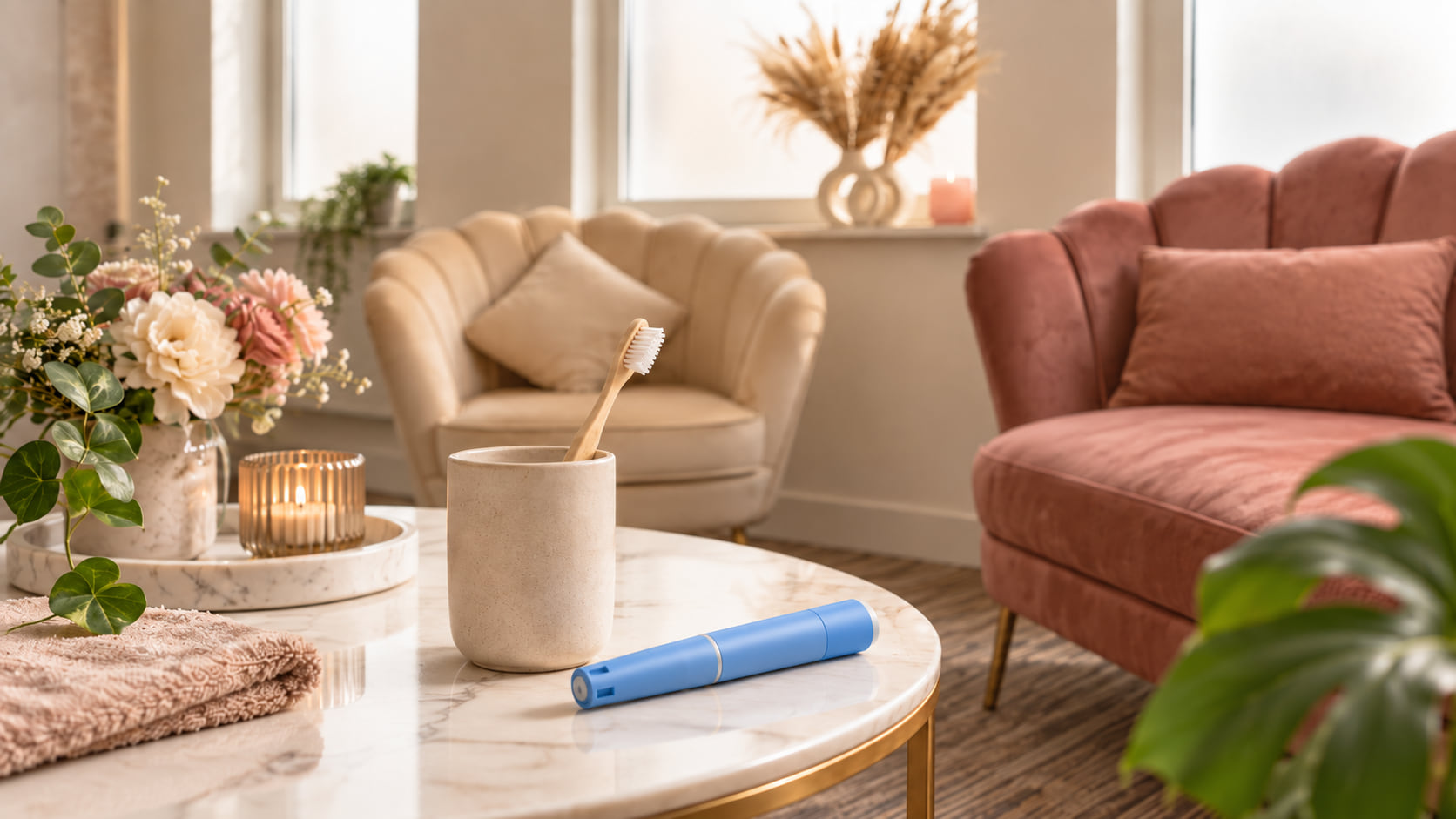 Tandenborstel in een beker naast een blauwe injectiepen op een marmeren tafel in een lichte woonkamer