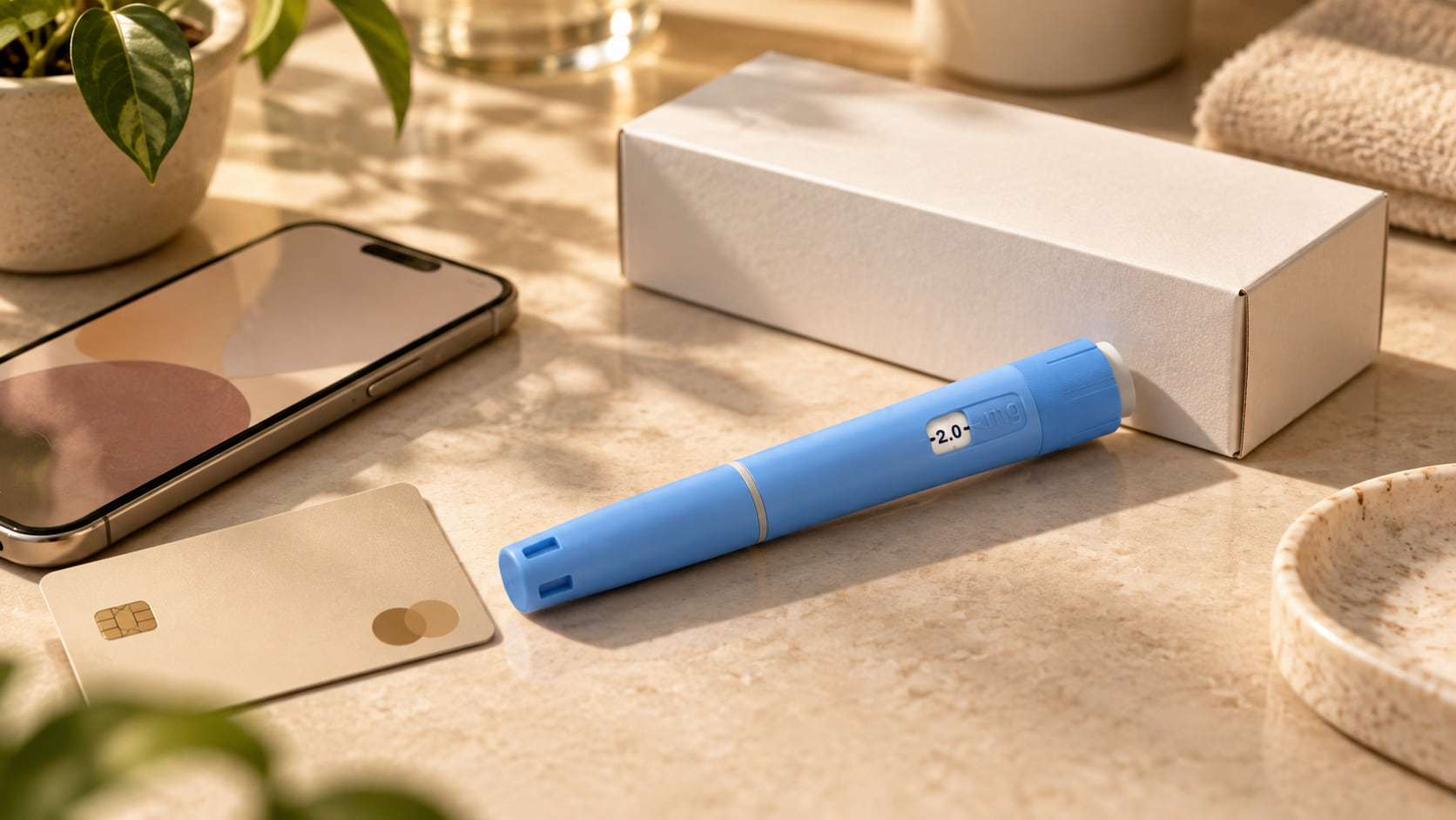 Blauwe injectiepen naast een wit doosje, een bankpas en een telefoon op een lichte tafel