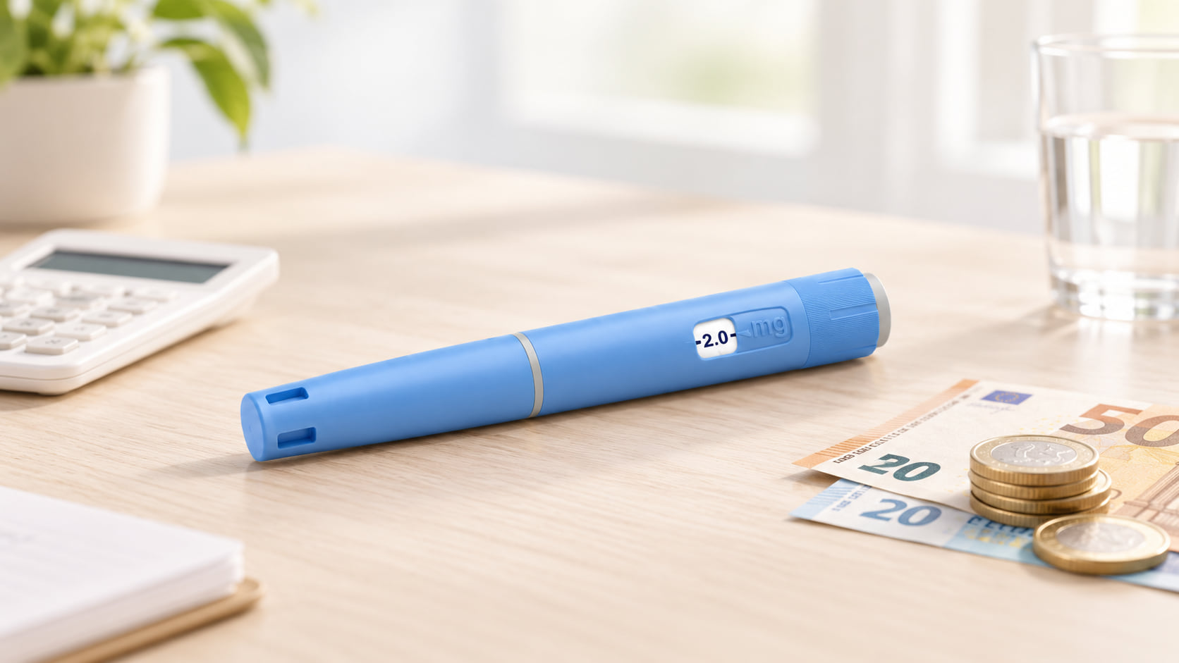 Blauwe injectiepen op een houten tafel naast een rekenmachine, eurobiljetten en munten