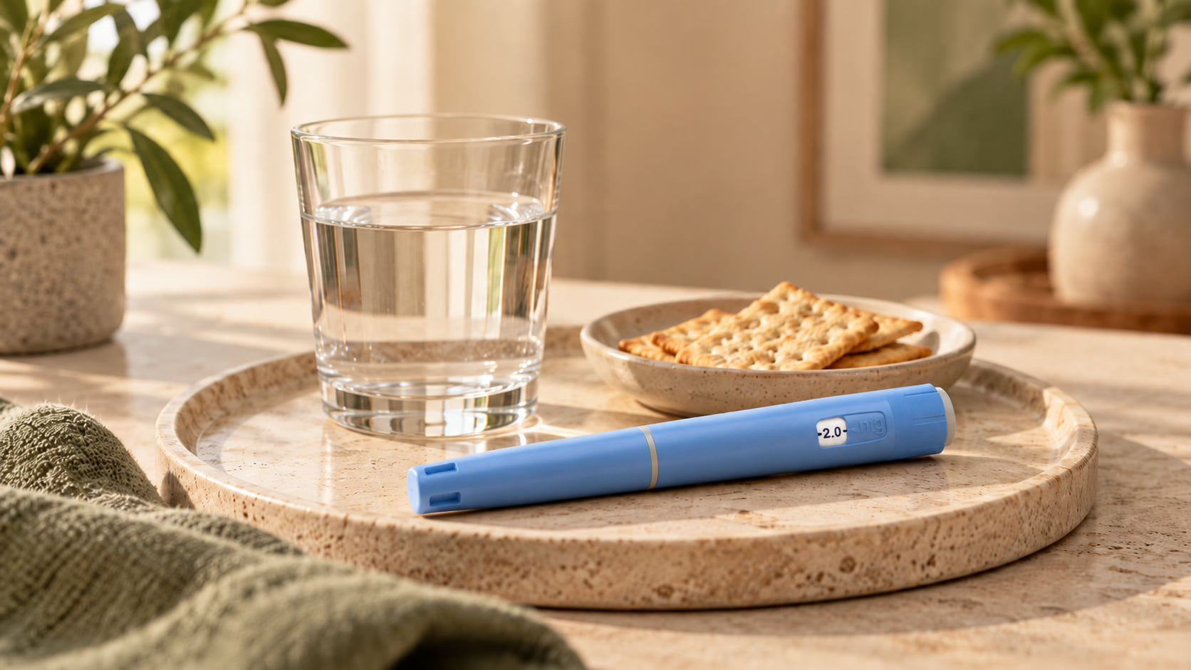 Glas water en een schaaltje crackers op een dienblad naast een blauwe injectiepen