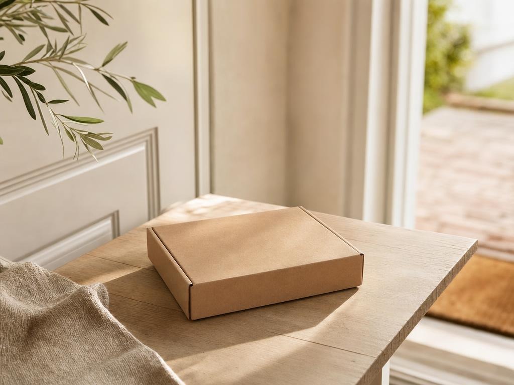 Discreet neutraal pakket op een houten tafel bij de voordeur in warm daglicht