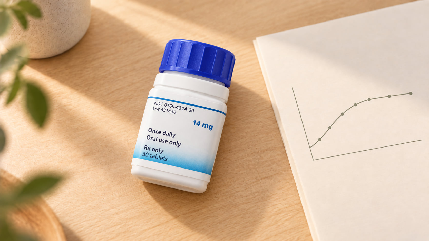 Wit potje tabletten met blauwe dop op een houten tafel naast een vel papier met een grafiek