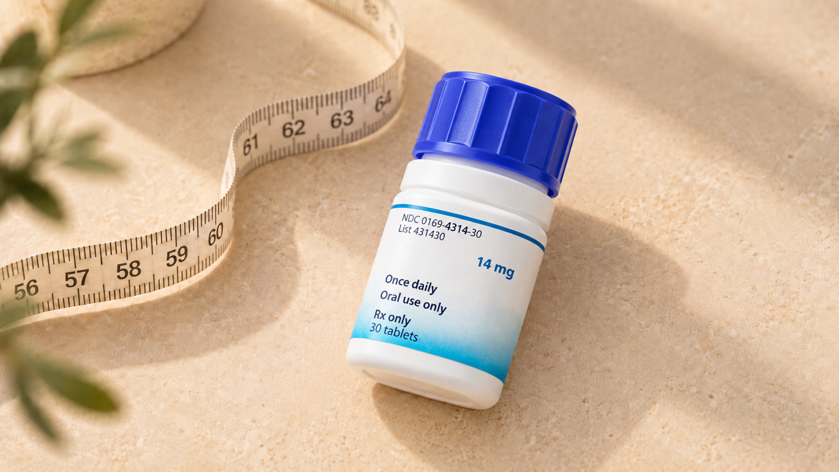 Wit potje tabletten met blauwe dop naast een meetlint op een lichte ondergrond in warm daglicht