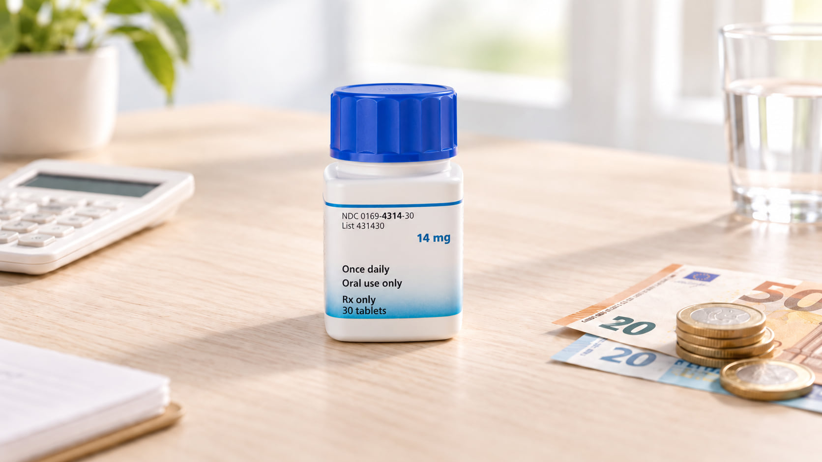 Wit potje tabletten met blauwe dop op een houten tafel naast een rekenmachine, eurobiljetten en munten