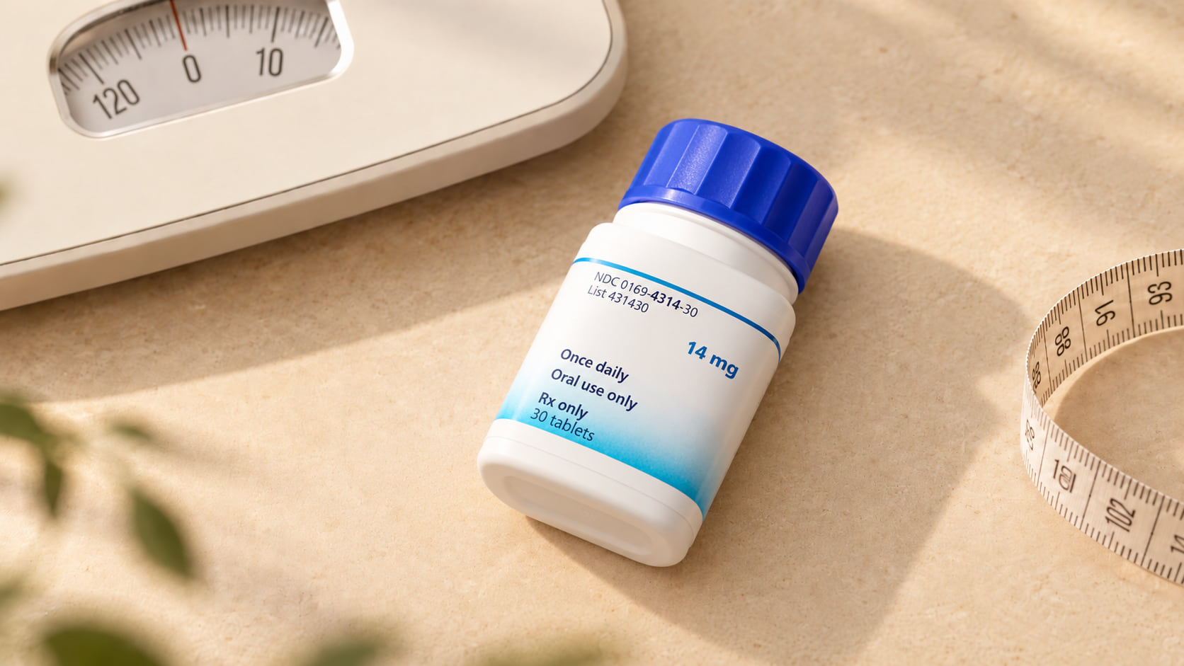Wit potje tabletten met blauwe dop tussen een weegschaal en een meetlint op een lichte ondergrond