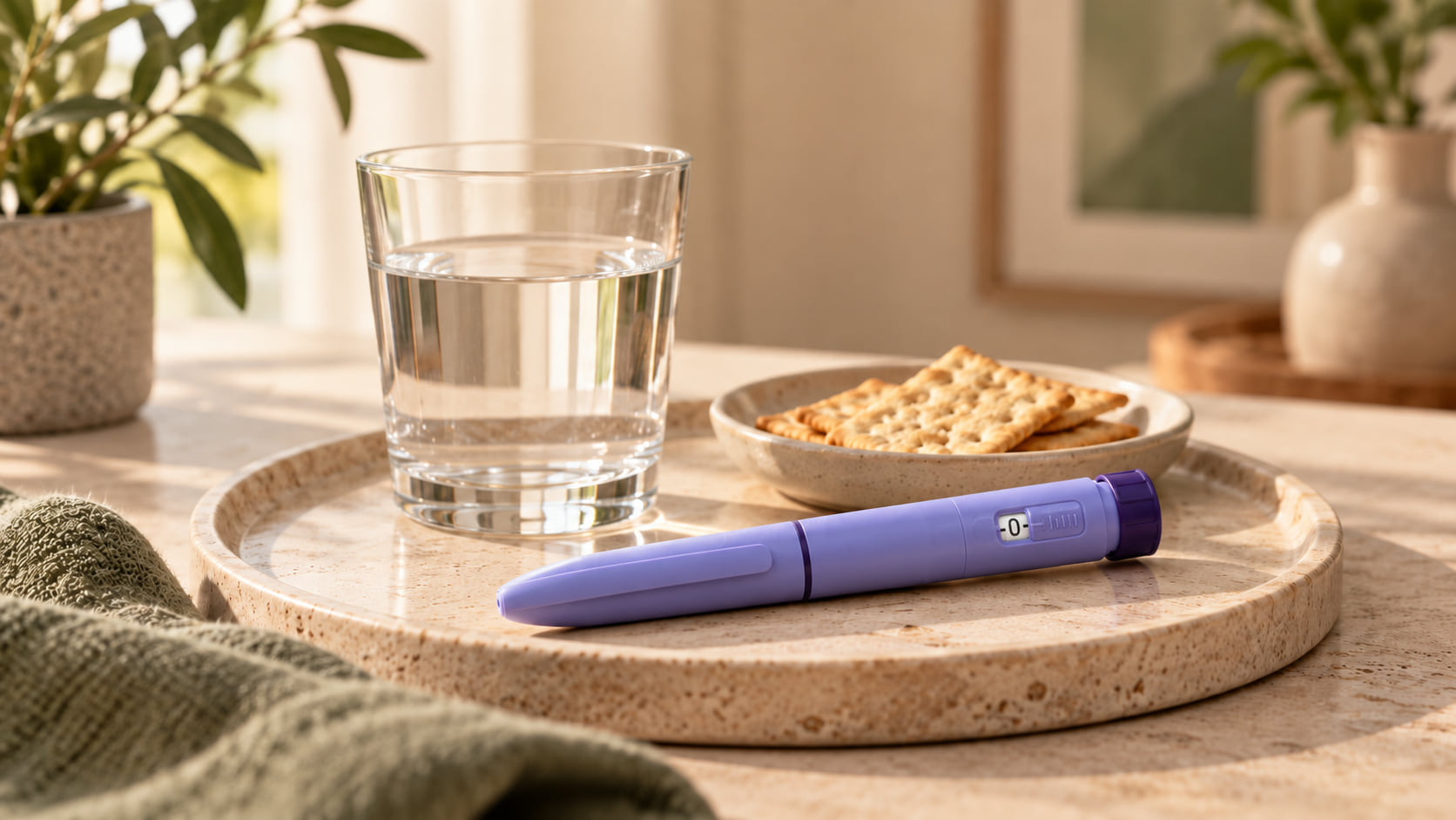 Glas water en een schaaltje crackers op een dienblad naast een lila injectiepen