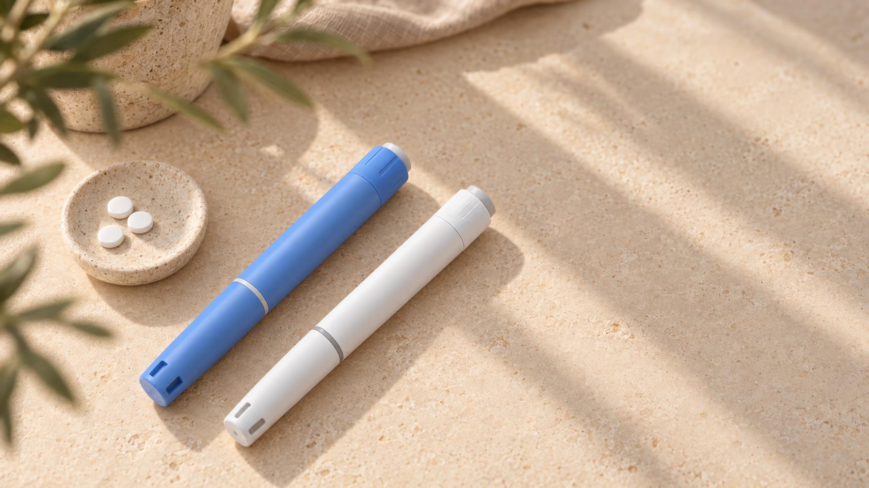 Blauwe injectiepen, witte injectiepen met grijze dop en een schoteltje met tabletten naast elkaar op een lichte stenen tafel