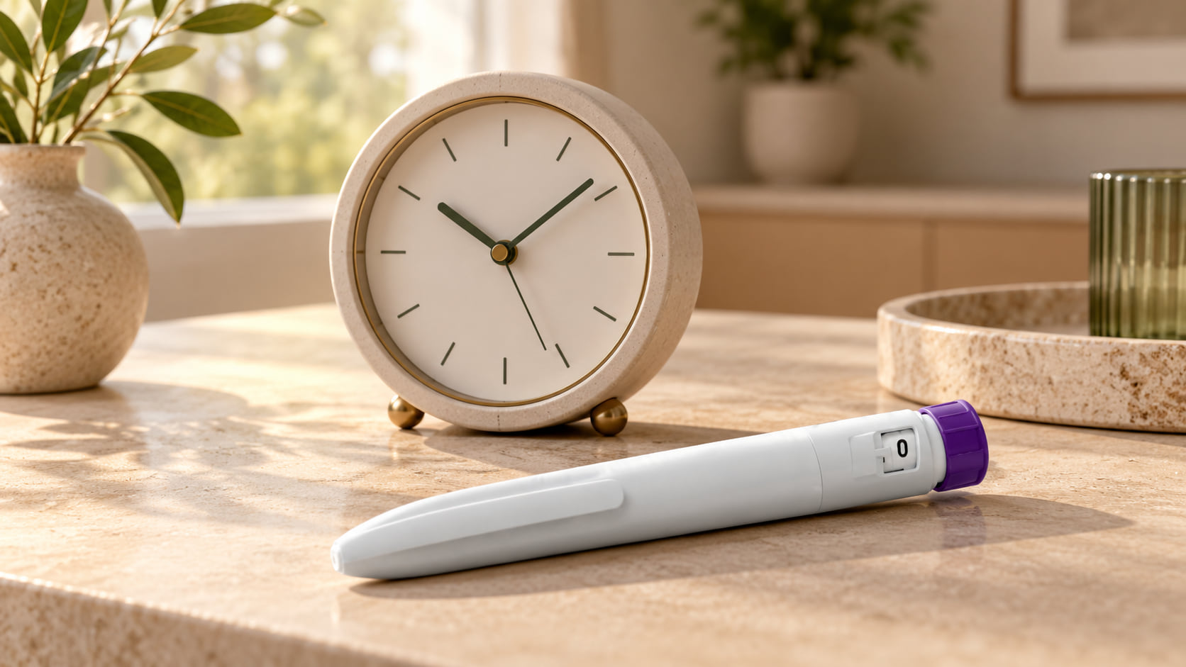 Klok naast een witte injectiepen met paarse dop op een lichte tafel bij het raam