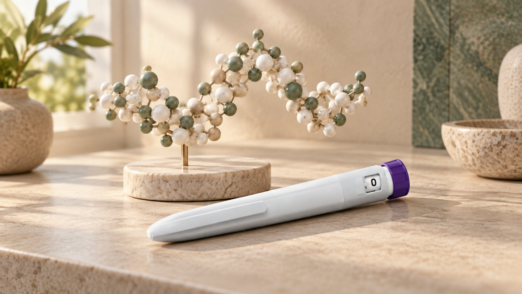 Molecuulmodel op een stenen voet naast een witte injectiepen met paarse dop op een lichte tafel