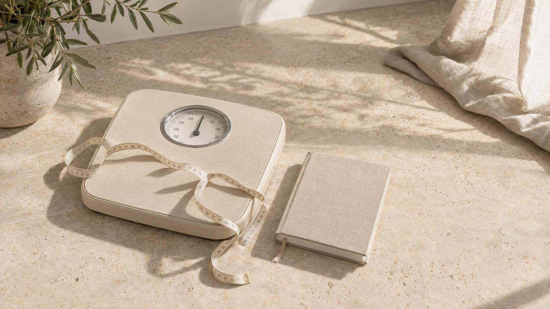 Beige personenweegschaal met een verward meetlint en een notitieboek op een lichte stenen vloer