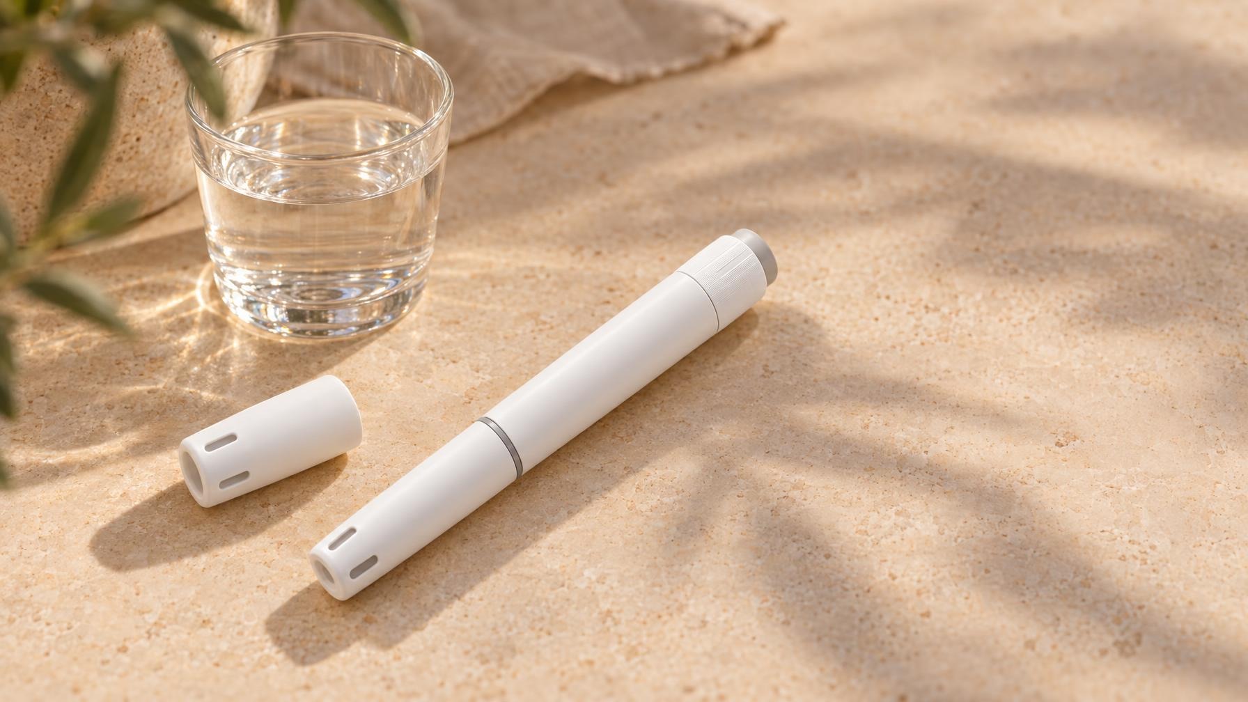 Witte injectiepen met grijze dop, dop los ernaast, naast een glas water op een lichte stenen tafel