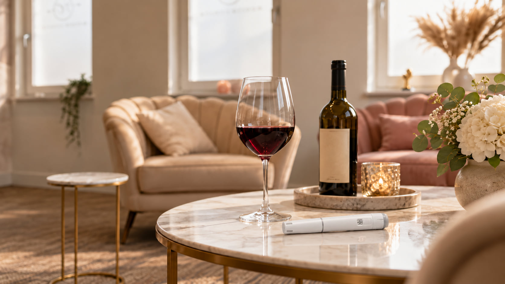 Glas rode wijn en een fles op een marmeren tafel in een woonkamer, met een witte injectiepen ernaast