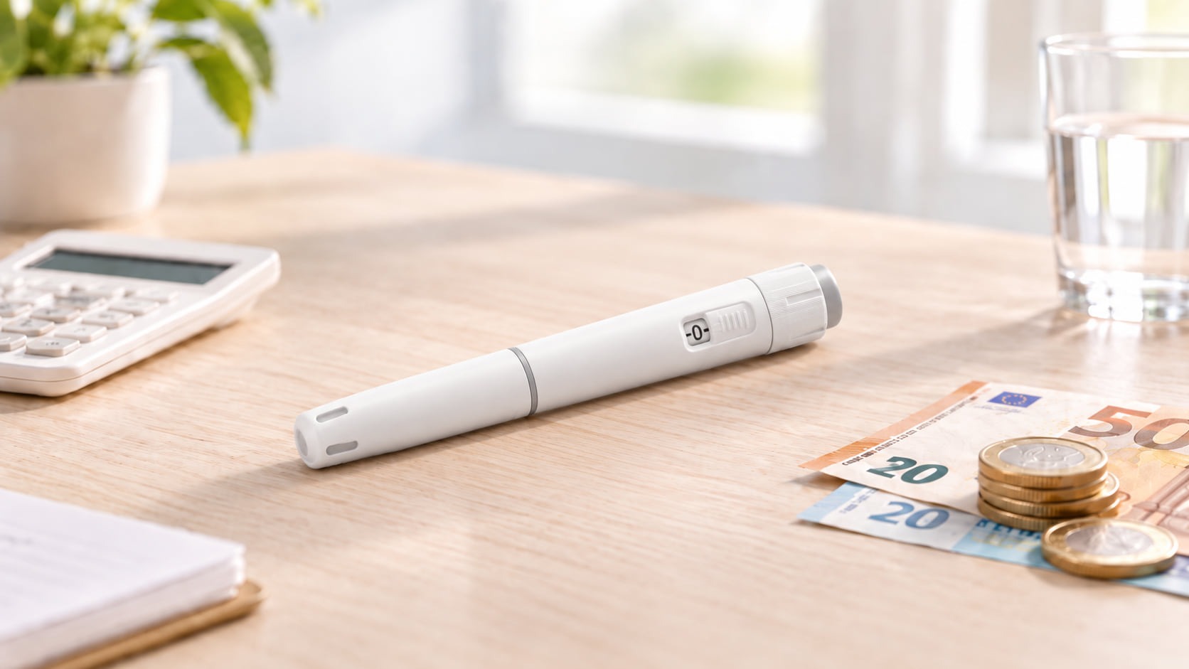 Witte injectiepen met grijze dop op een houten tafel naast een rekenmachine, eurobiljetten en munten