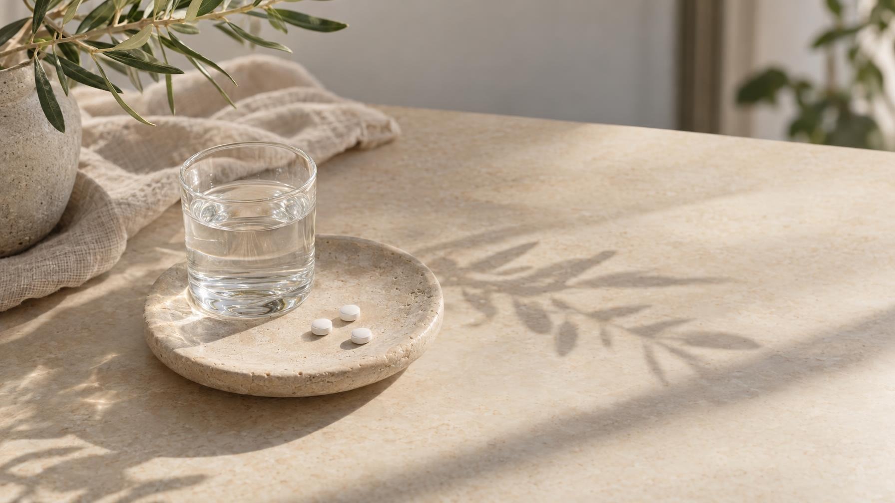Drie witte tabletten op een stenen schoteltje naast een glas water op een lichte tafel in warm daglicht
