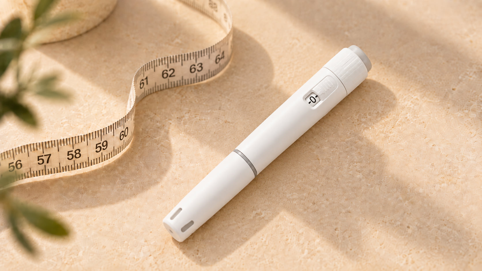 Witte injectiepen met grijze dop naast een meetlint op een lichte ondergrond in warm daglicht